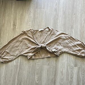 Mustard Seed Cream Tan Tie Front Crop Blouse